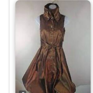 Frank Lyman Brown Metallic Taffeta Bubble Hem Large Collar Button Down Sz 8